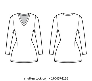 T-shirt dress technical fashion illustration with V-neck, long sleeves, mini length, fitted body, Pencil fullness. Flat apparel template front, back, white color. Women, men, unisex CAD mockup