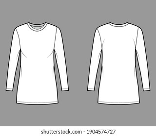 T-shirt dress technical fashion illustration with crew neck, long sleeves, mini length, oversized, Pencil fullness. Flat apparel template front, back, white color. Women, men, unisex CAD mockup