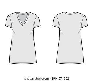 T-shirt dress technical fashion illustration with V-neck, short sleeves, mini length, oversized body, Pencil fullness. Flat apparel template front, back, grey color. Women, men, unisex CAD mockup