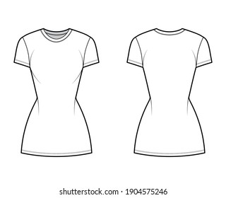 Camiseta de la camiseta ilustración técnica de moda con cuello de la tripulación, mangas cortas, longitud pequeña, ajuste delgado, Lápiz completo. Plantilla de ropa plana frontal, posterior, color blanco. Mujeres, hombres, maquillaje de CAD unisex