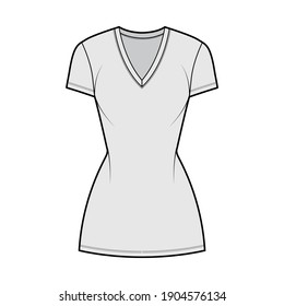 T-shirt dress technical fashion illustration with V-neck, short sleeves, mini length, fitted body, Pencil fullness. Flat apparel template front, grey color. Women, men, unisex CAD mockup