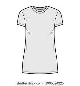 T-shirt dress technical fashion illustration with crew neck, short sleeves, mini length, oversized, Pencil fullness. Flat apparel template front, grey color. Women, men, unisex CAD mockup