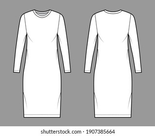 T-shirt dress technical fashion illustration with crew neck, long sleeves, knee length, oversized, Pencil fullness. Flat apparel template front, back, white color. Women, men, unisex CAD mockup