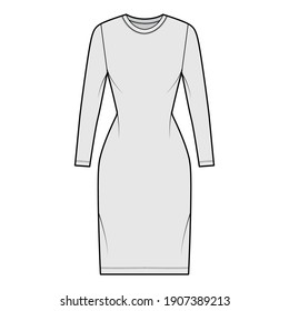 T-shirt dress technical fashion illustration with crew neck, long sleeves, knee length, slim fit, Pencil fullness. Flat apparel template front, grey color. Women, men, unisex CAD mockup