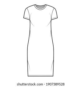 T-shirt dress technical fashion illustration with crew neck, short sleeves, knee length, oversized, Pencil fullness. Flat apparel template front, white color. Women, men, unisex CAD mockup