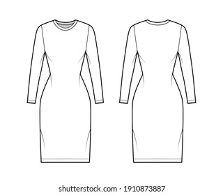 T-shirt dress technical fashion illustration with crew neck, long sleeves, knee length, slim fit, Pencil fullness. Flat apparel template front, back, white color. Women, men, unisex CAD mockup