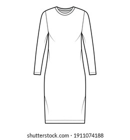 T-shirt dress technical fashion illustration with crew neck, long sleeves, knee length, oversized, Pencil fullness. Flat apparel template front, white color. Women, men, unisex CAD mockup