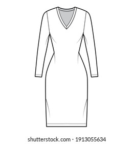 T-shirt dress technical fashion illustration with V-neck, long sleeves, knee length, fitted body, Pencil fullness. Flat apparel template front, white color. Women, men, unisex CAD mockup
