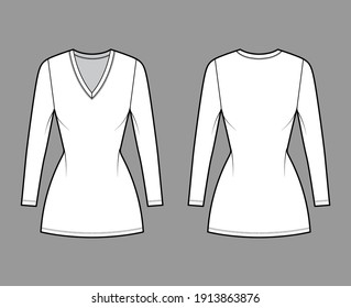 T-shirt dress technical fashion illustration with V-neck, long sleeves, mini length, fitted body, Pencil fullness. Flat apparel template front, back, white color. Women, men, unisex CAD mockup