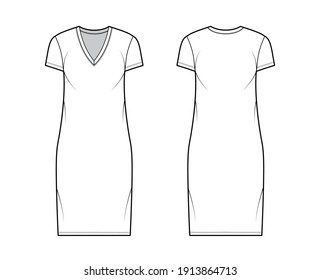 T-shirt dress technical fashion illustration with V-neck, short sleeves, knee length, oversized body, Pencil fullness. Flat apparel template front, back, white color. Women, men, unisex CAD mockup