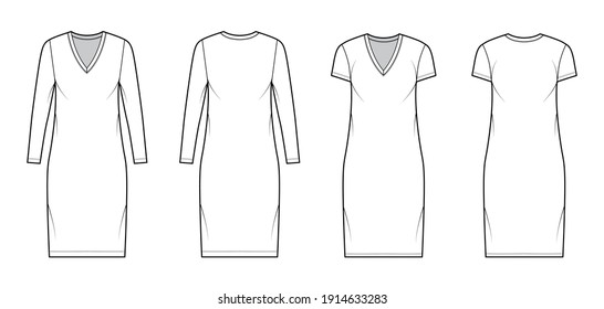 T-Shirt Kleid technische Mode Illustration mit V-Nacken, lang, kurze Ärmel, Kniestlänge, überdimensionaler Körper, Pencil Vollständigkeit. Flache Bekleidungsschablone vorne, hinten, weiße Farbe. Frauen ohne Ex-CAD-Modell