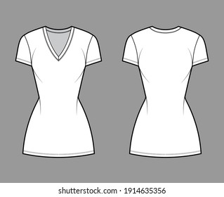T-shirt dress technical fashion illustration with V-neck, short sleeves, mini length, fitted body, Pencil fullness. Flat apparel template front, back, white color. Women, men, unisex CAD mockup