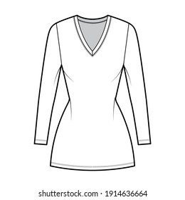 T-shirt dress technical fashion illustration with V-neck, long sleeves, mini length, fitted body, Pencil fullness. Flat apparel template front, white color. Women, men, unisex CAD mockup