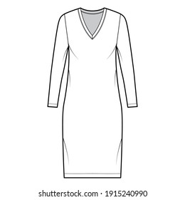 T-shirt dress technical fashion illustration with V-neck, long sleeves, knee length, oversized body, Pencil fullness. Flat apparel template front, white color. Women, men, unisex CAD mockup