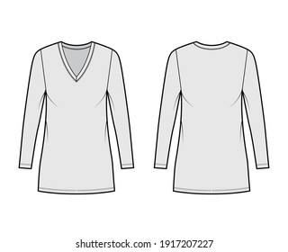 T-shirt dress technical fashion illustration with V-neck, long sleeves, mini length, oversized body, Pencil fullness. Flat apparel template front, back, grey color. Women, men, unisex CAD mockup