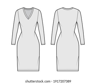 T-shirt dress technical fashion illustration with V-neck, long sleeves, knee length, fitted body, Pencil fullness. Flat apparel template front, back, grey color. Women, men, unisex CAD mockup