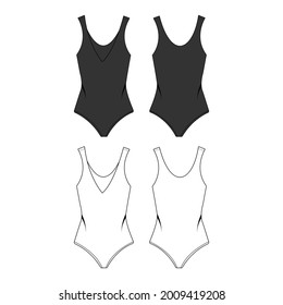 T-shirt dress technical fashion illustration with V-neck, mini length, fitted body, Pencil fullness. Flat apparel template front, back, white and black color. Women mockup