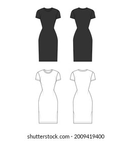 T-shirt dress technical fashion illustration with O-neck, short sleeves, mini length, fitted body, Pencil fullness. Flat apparel template front, back, white and black color. Women mockup