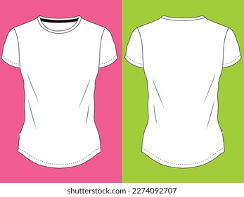 T-shirt dress technical fashion illustration with round neck, short sleeves,  slim fit Flat apparel template front, back, white color. Women, CAD mockup, garment flat sketch, girls t shirt.