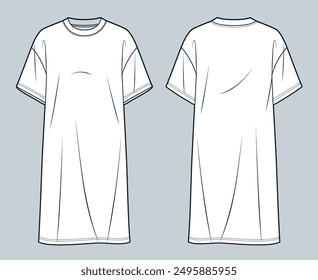 T-Shirt Dress technical fashion illustration. Knee Length T Shirt fashion flat technical drawing template, oversize, front and back view, white, women, men, unisex CAD mockup.