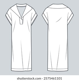 T-Shirt Dress technical fashion illustration. Jersey Dress fashion flat technical drawing template, sailor collar, v neck, midi length, relaxed fit, front and back view, white, women CAD mockup.