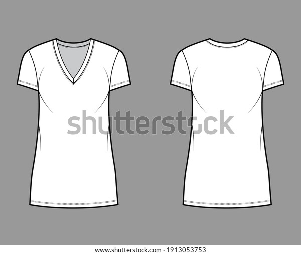 T-shirt dress technical fashion illustration with\
V-neck, short sleeves, mini length, oversized body, Pencil\
fullness. Flat apparel template front, back, white color. Women,\
men, unisex CAD mockup