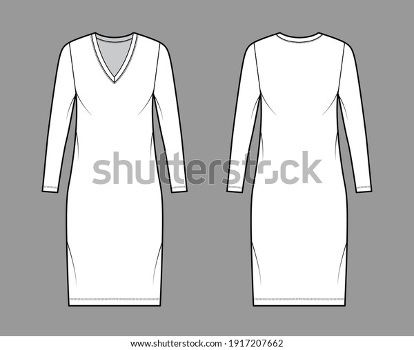 T-shirt dress technical fashion illustration with\
V-neck, long sleeves, knee length, oversized body, Pencil fullness.\
Flat apparel template front, back, white color. Women, men, unisex\
CAD mockup