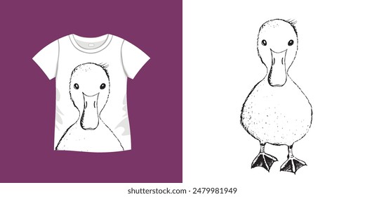 T-shirt with duck bird pattern. Women jersey, sport uniform kit, short fashion top, round neck blouse.  Sketch Illustration. Template mock up.