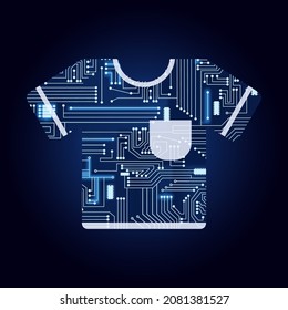 T-shirt with electronic circuit. Blue and gradient background. Modern clothes.