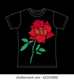 T-shirt Embroidery colorful floral. Embroidered red rose. Vector asymmetrical traditional fashion element on black background