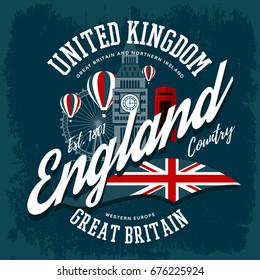 T-shirt with england or britain, united kingdom print. Big ben clocks and ferris wheel, flag and balloons label. Northern ireland travel or tourism advertising, cloth branding emblem, west europe sign