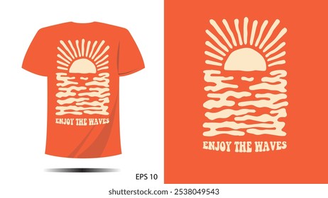 t-shirt enjoy the waves  print design with symbol beach. Vector template in modern lettering and typography cool For t-shirt prints and other uses