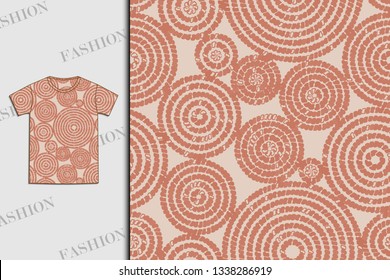 T-shirt. Fabric design with abstract circles. Seamless pattern. Use for textiles, fabrics, paper, wallpaper, covers, tiles, linoleum. Vector illustration. Boho trendy style