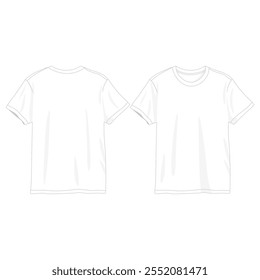 T-shirt fashion flat drawing template. Unisex t-shirt fashion illustration, relaxed fit, front and back view, white, women, men, unisex 