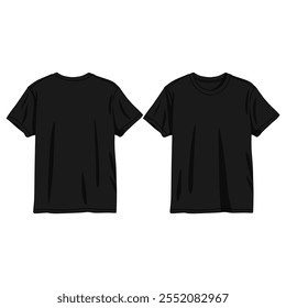 T-shirt fashion flat drawing template. Unisex t-shirt fashion illustration, relaxed fit, front and back view, black, women, men, unisex 