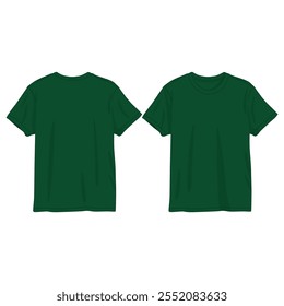 T-shirt fashion flat drawing template. Unisex t-shirt fashion illustration, relaxed fit, front and back view, green, women, men, unisex 