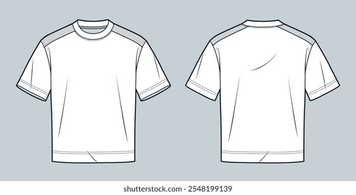 T-Shirt fashion flat technical drawing template. Unisex Tee Shirt with rib trim technical fashion illustration, relaxed fit, front and back view, white, women, men, unisex CAD mockup.