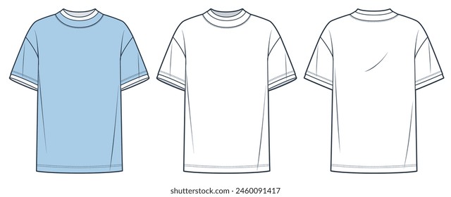 T-Shirt fashion flat tehnical drawing template. Unisex T-Shirt technical fashion illustration, oversize, front and back view, white, light blue, women, men, unisex Tee Shirt CAD mockup set.