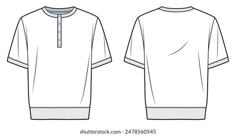 T-Shirt fashion flat tehnical drawing template. Unisex T-Shirt technical fashion illustration, button up, oversize, front and back view, white, women, men, unisex Top CAD mockup.