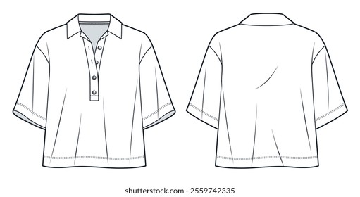 T-Shirt fashion flat tehnical drawing template. Crop Polo Shirt technical fashion illustration, collat, half button, front and back view, white, women, men, unisex Top CAD mockup.