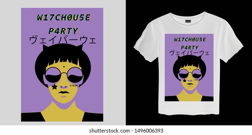 T-shirt fashion print template. Woman with hat, horns and sunglasses in 90s 80s Retro Cartoon Kawaii Otaku Hipster Style, Synthwave, Retrowave Neon Color Pastel Tones. Japanese text means "Vaporwave".