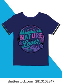 Tshirt features vibrant nature lover graphic with camping hiking and mountain scenery elements
