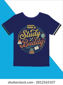 Tshirt featuring colorful study buddy graphic with school bus books globe and notebook