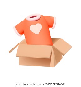 T-shirt featuring heart design, emerging from open cardboard box. 3D vector icon represents concepts such as gifting, new purchase, delivery of online order or charity within the apparel context.