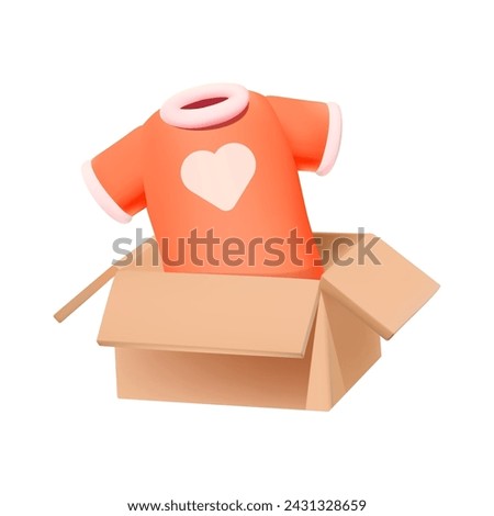 T-shirt featuring heart design, emerging from open cardboard box. 3D vector icon represents concepts such as gifting, new purchase, delivery of online order or charity within the apparel context.