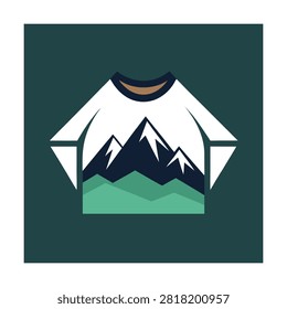 T-shirt featuring a stylized mountain range with snow-capped peaks and green foothills in minimalist style