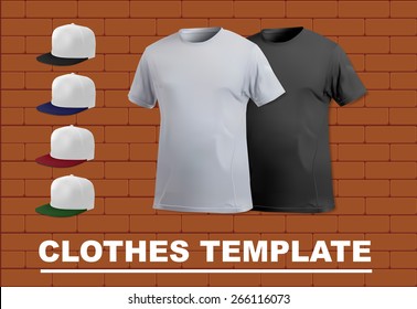 T-shirt and flat bill cap template set on a brick wall, vector eps10 illustration.