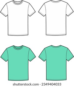 Tshirt flat sketch. Casual wear apparel design. Front and back. Mens CAD mockup. Fashion technical drawing template. Vector illustration.