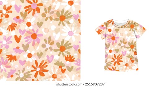 T-shirt with floral pattern. Women jersey, sport uniform kit, short fashion top, round neck blouse.  Sketch Illustration. Template mock up.