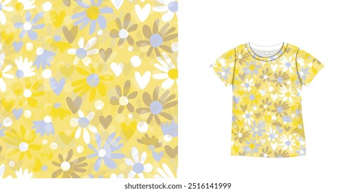 T-shirt com padrão floral. Camiseta Feminina, Kit de uniforme esportivo, top de moda curta, blusa de pescoço redondo.  Ilustração de Esboço. Modelo de maquete.